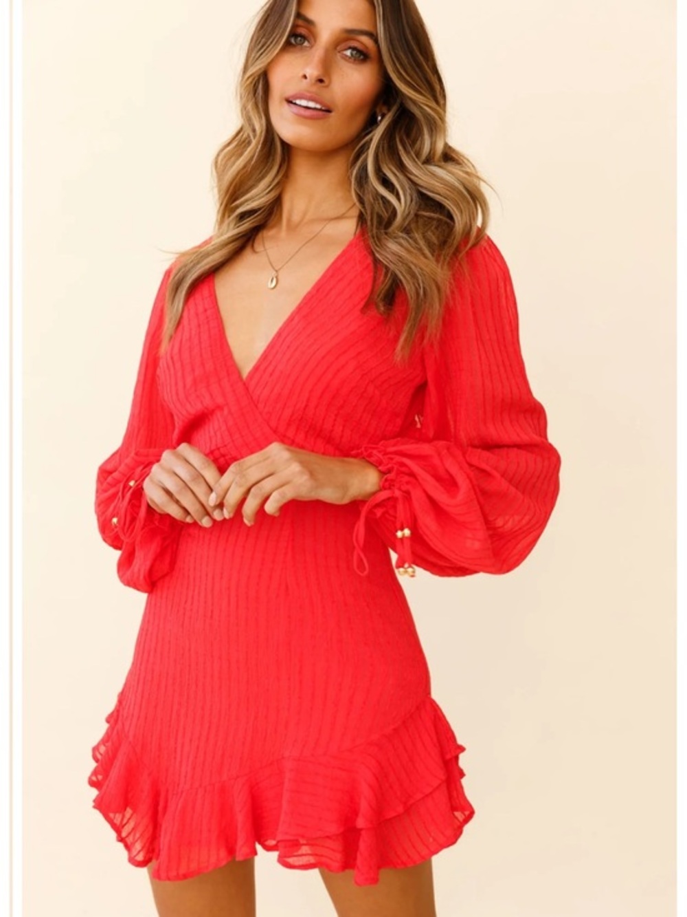 SAFFIRE Lilo Surplice Neckline Cut-Out Back Dress Thin Stripe Red size Medium
